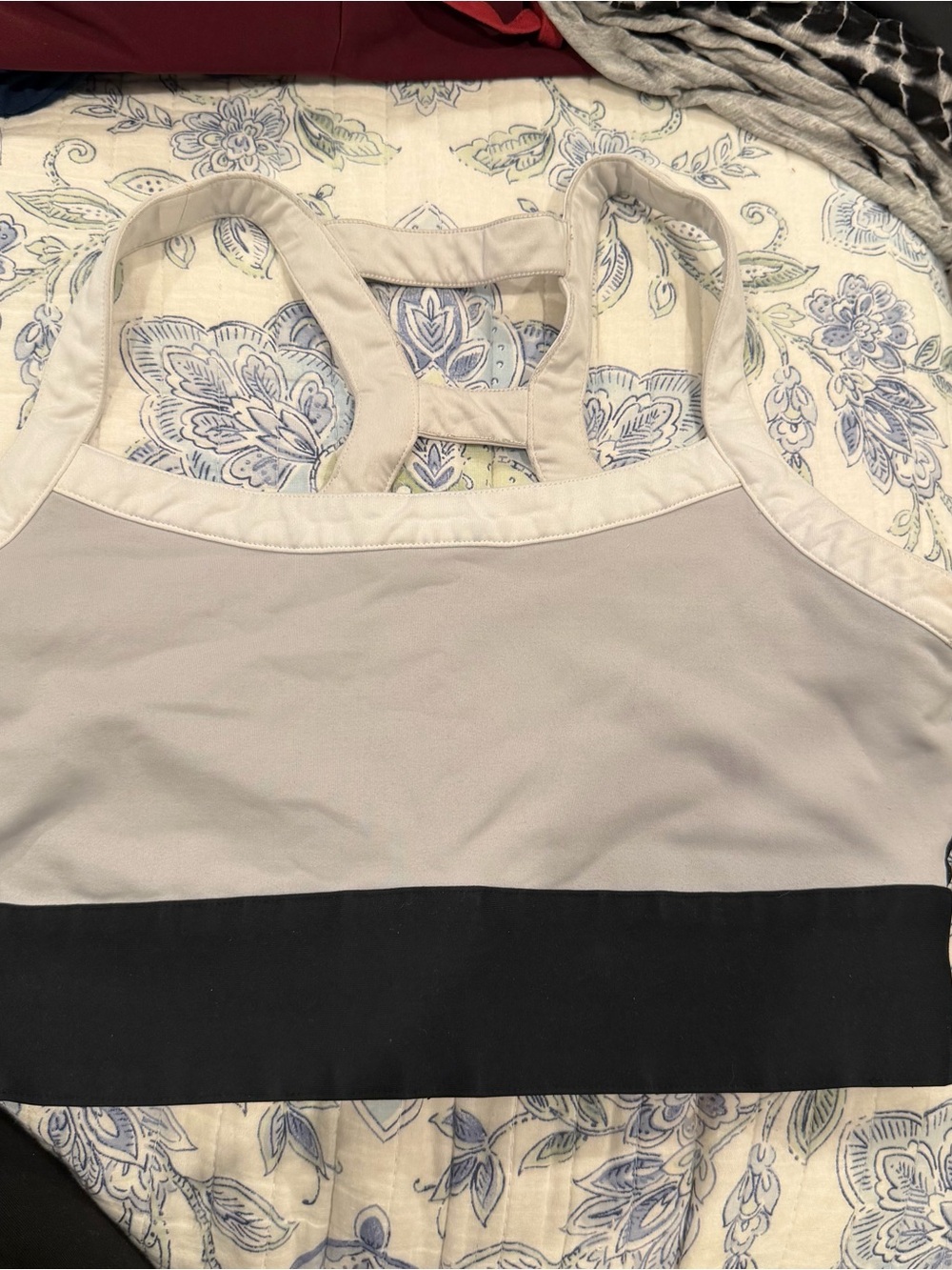 Fabletics Light Gray and Black Colorblock Racerback Sports Bra